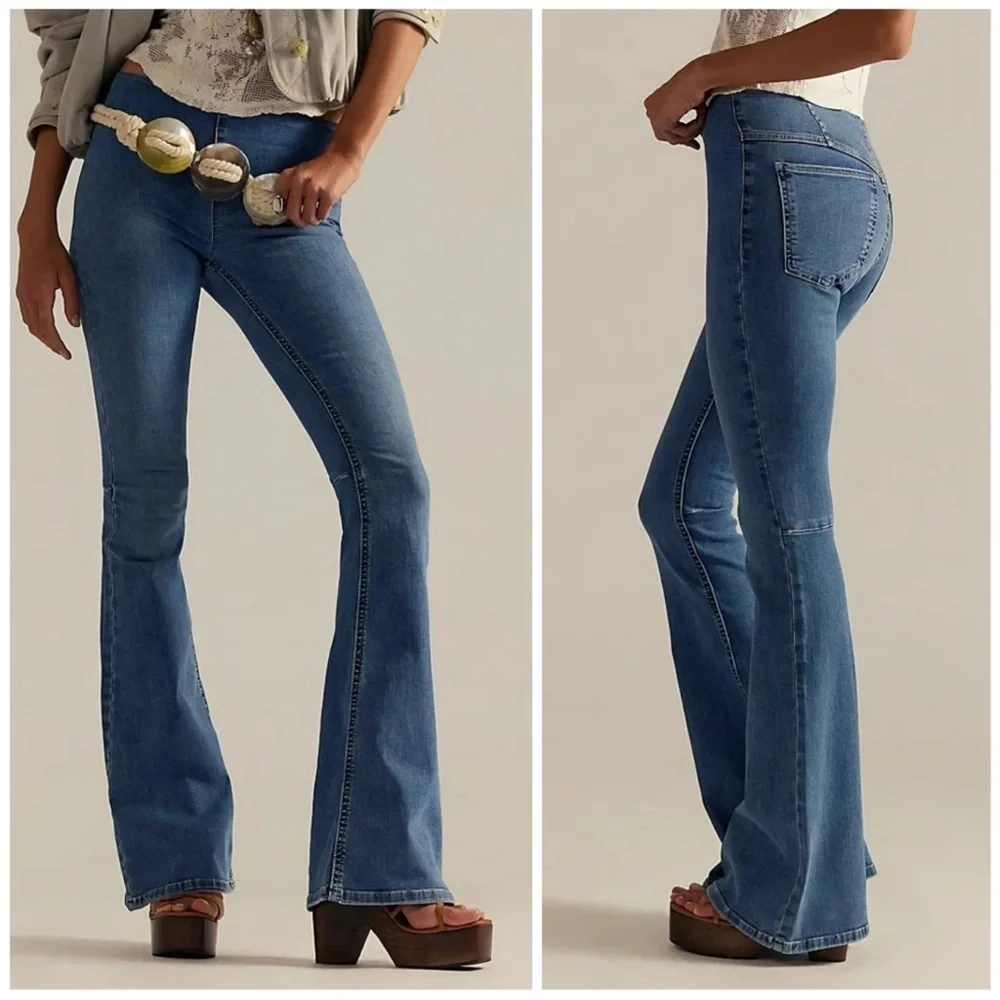 WE THE FREE Penny Pull-On Flare Jeans Dark Blue Boho low Ris Retro